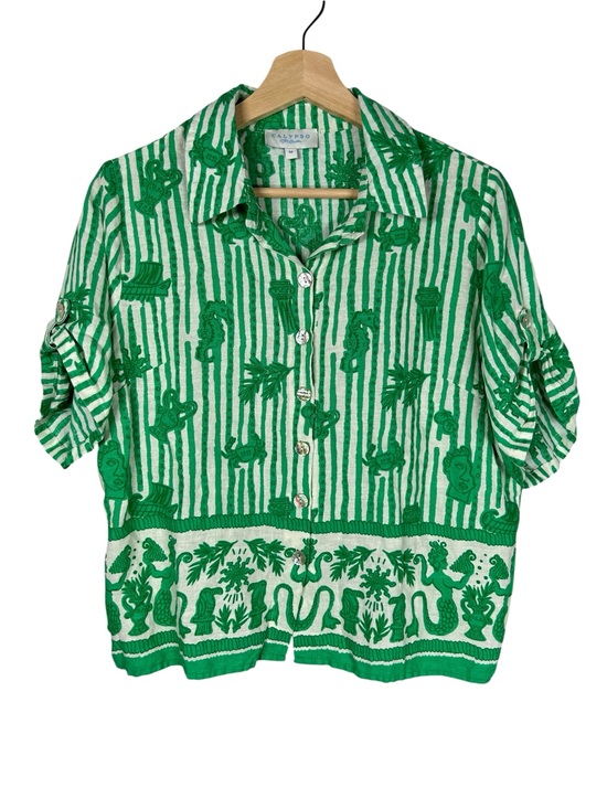 Calypso St. Barth Tops - Calypso St. Barth Shirt Top Linen Sicily Roll tab Short Sleeve Green Sz M